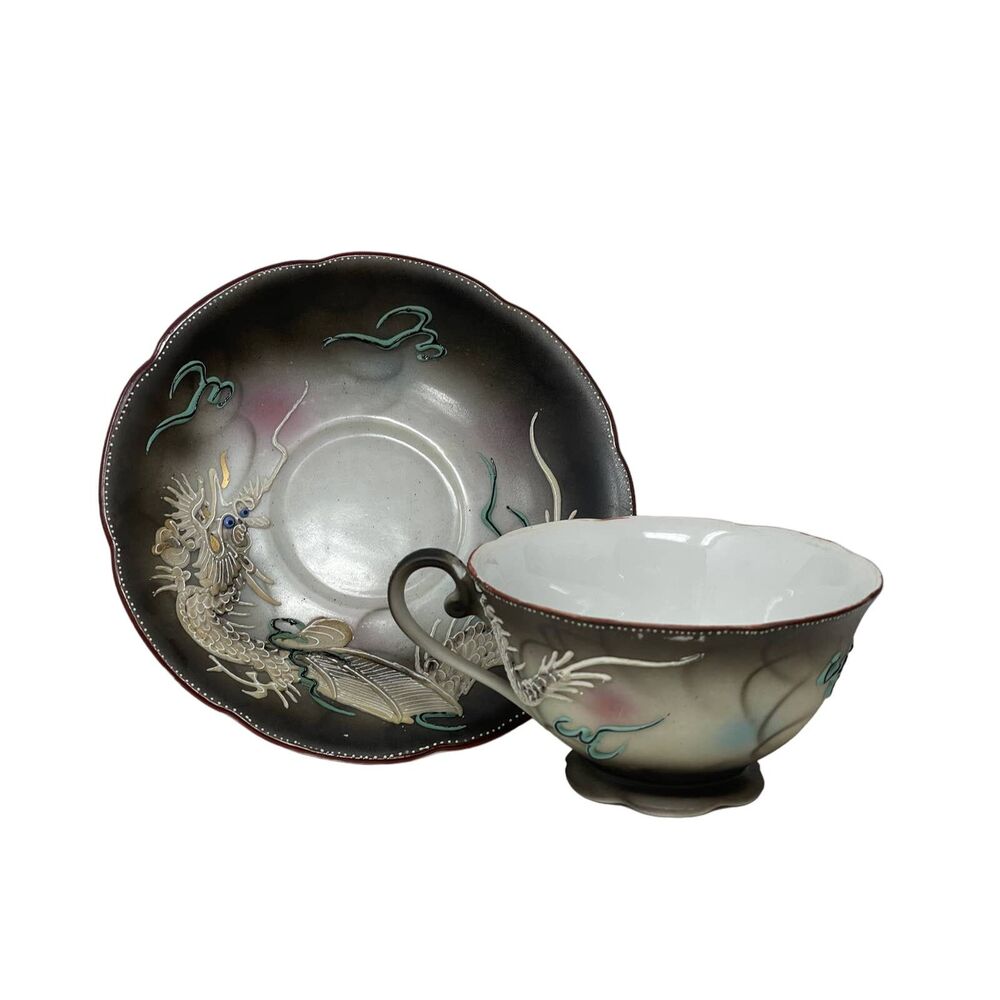 Vintage DragonWare Kutani Moriage Geisha Lithophane Demitasse Tea Cup and Saucer